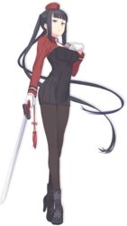  black_hair black_pantyhose female full_body gloves grey_eyes hat high_heels kuroboshi_kouhaku long_hair necktie official_art pantyhose shoes solo summon_night summon_night_5 sword transparent_background twintails very_long_hair weapon white_gloves yeng-hua 