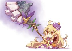  ahoge blonde_hair bracelet braid chibi commentary_request female flower_knight_girl hammer hat jewelry kuko_(flower_knight_girl) long_hair mizunashi_(second_run) purple_hat solo yellow_eyes 