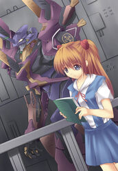  :&lt; blue_eyes blue_skirt book commentary_request female glowing glowing_eyes hair_ornament highres light_brown_hair long_hair mecha neon_genesis_evangelion photoshop_(medium) railing rebuild_of_evangelion robot school_uniform shirt short_sleeves skirt souryuu_asuka_langley srwsrx_(gp03dsrx) 