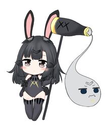  :&lt; animal_ears bailingxiao_jiu bare_shoulders black_gloves black_hair black_leotard black_thighhighs brown_eyes chibi closed_mouth commentary_request elbow_gloves female full_body girls&#039;_frontline gloves headgear holding kine leotard long_hair mallet nyto_(generic)_(girls&#039;_frontline) nyto_(girls&#039;_frontline) paradeus rabbit_ears simple_background solo standing thighhighs white_background 