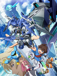  2girls 3boys animal_ears blonde_hair blue_eyes blue_hair brown_eyes brown_hair cat_ears cat_tail dress glasses gm_iii_beam_master goggles green_eyes gundam gundam_00_diver_ace gundam_age-2_magnum gundam_build_divers haro hat hidaka_yukio key_visual kujou_kyouya light_blue_hair long_hair mecha medium_hair mikami_riku momo_(gundam_build_divers) momokapool multiple_boys multiple_girls official_art one_eye_closed paw_shoes pink_hair ponytail promotional_art robot sara_(gundam_build_divers) short_hair sword tail weapon white_dress yashiro_momoka 