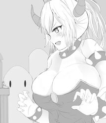  absurdres alicemagic armlet bare_shoulders bowsette bracelet breasts cleavage collar commentary crown dress female fingernails giant giantess greyscale highres horns jewelry large_breasts mario mario_(series) monochrome new_super_mario_bros._u_deluxe oerba_yun_fang open_mouth ponytail sharp_teeth size_difference spiked_bracelet spiked_collar spikes super_crown symbol-only_commentary teeth turtle_shell 