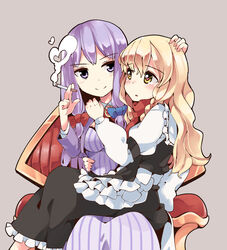  2girls aoi_kujira bad_id bad_pixiv_id blonde_hair bow braid chair cigarette cookie_(touhou) hairbow hand_on_another&#039;s_head heart heart-shaped_pupils hug kirisame_marisa long_hair marisa_to_alice_no_cookie_storia mars_(cookie) multiple_girls no_headwear patchouli_knowledge purple_eyes purple_hair ribbon scarf smile symbol-shaped_pupils taisa_(cookie) touhou yellow_eyes yuri 