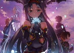  3boys 3girls armor bare_shoulders black_eyes black_gloves blue_hair breastplate brown_hair bunbun collarbone detached_sleeves fingerless_gloves flower gloves grey_hair hairband highres holding jun_(sao) light_blue_hair long_hair multiple_boys multiple_girls nori_(sao) official_art orange_hair outdoors petals pointy_ears purple_hair red_armor red_hairband short_hair shoulder_armor siune_(sao) smile sword_art_online talken_(sao) tecchi_(sao) tree very_long_hair yuuki_(sao) 