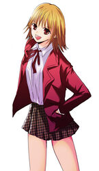  1boy blazer blonde_hair brown_eyes commentary_request crossdressing fu_(193197) hand_in_pocket highres jacket looking_at_viewer looking_up male_focus open_mouth otoko_no_ko pretty_face randou_masashi red_ribbon ribbon school_uniform short_hair skirt smile solo 