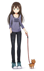  blush brown_hair canine casual commentary denim earrings female full_body green_eyes hanako_(idolmaster) hand_in_pocket idolmaster idolmaster_cinderella_girls jeans jewelry leash long_hair necklace pants photoshop_(medium) purea shibuya_rin shirt shoes sneakers solo white_background yorkshire_terrier 