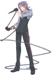  1boy atosh black_gloves chains dress_shirt formal full_body gloves kuroboshi_kouhaku long_hair male_focus official_art pants pinstripe_pattern pinstripe_suit purple_hair shirt solo striped suit summon_night summon_night_5 transparent_background vest 