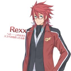  1boy aqua_eyes aqua_hair character_name glasses kuroboshi_kouhaku looking_at_viewer male_focus multicolored_hair official_art red-framed_eyewear red_hair rexx smile solo summon_night summon_night_3 summon_night_5 translation_request transparent_background 