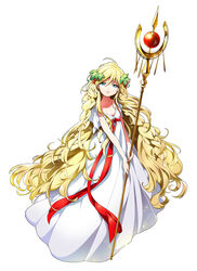  bad_id bad_pixiv_id blonde_hair blue_eyes dalc_rose dress female food fruit full_body grapes head_wreath long_hair looking_at_viewer magi_the_labyrinth_of_magic mole parted_lips ribbon scheherazade_(magi) solo staff very_long_hair white_background white_dress 