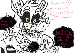  2015 animatronic anthro blush canid canine dialogue english_text exposed_endoskeleton eyelashes female five_nights_at_freddy&#039;s five_nights_at_freddy&#039;s_4 fox group heart_symbol inkyfrog long_tongue machine mammal nightmare_mangle_(fnaf) robot scottgames sharp_teeth simple_background speech_bubble teeth text tongue tongue_out white_background yellow_eyes 