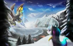  alicorn day detailed_background discordthege duo equid equine female feral friendship_is_magic hair hasbro hi_res horn mammal multicolored_hair my_little_pony mythological_creature mythological_equine mythology odin_(disambiguation) outside princess_celestia_(mlp) sky wings 