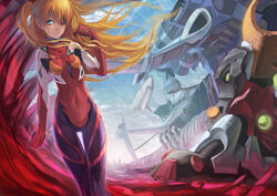  aaa_wunder aircraft ass_visible_through_thighs bodysuit chinese_commentary commentary_request covered_navel eva_02 eva_02_prime_beta evangelion:_3.0_you_can_(not)_redo evangelion_(mecha) extra_eyes eyepatch female glowing glowing_eyes green_eyes highres interface_headset long_hair madyy mecha military_vehicle multicolored_bodysuit multicolored_clothes neon_genesis_evangelion photoshop_(medium) pilot_suit plugsuit rebuild_of_evangelion red_hair robot science_fiction souryuu_asuka_langley thigh_gap thrusters very_long_hair 