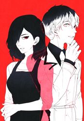  1boy aged_up black_hair dress female hair_over_one_eye highres kaneki_ken kirishima_touka meiko_(puua) multicolored_hair necktie red_background sasaki_haise short_hair spoilers tokyo_ghoul tokyo_ghoul:re white_hair 