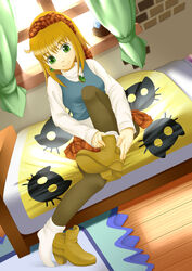  absurdres bedroom boots commentary_request cornet_espoir dressing earrings female full_body green_eyes hairband headdress highres jewelry marl_kingdom md5_mismatch morning pantyhose plaid plaid_skirt putting_on_shoes red_hair resized rhapsody shoes short_hair single_shoe skirt smile socks solo sweater turtleneck turtleneck_sweater upscaled vest white_namikaze 