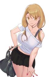  bag black_skirt blonde_hair breasts collarbone commentary_request female fushimi_yuyu hand_on_own_hip handbag jewelry large_breasts leaning_forward long_hair looking_at_viewer miniskirt nail_polish necklace off_shoulder pink_nails pleated_skirt salad_tokutaro shirt skirt smile solo usotsuki_mii-kun_to_kowareta_maa-chan white_shirt yellow_eyes 