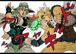  2boys battle blonde_hair blue_eyes bridal_gauntlets bubble caesar_anthonio_zeppeli collective-mind commentary_request duel facial_mark fighting fingerless_gloves gloves green_hair gyro_zeppeli hat jacket jojo_no_kimyou_na_bouken multiple_boys name_connection official_style photoshop_(medium) scarf steel_ball_(jojo) steel_ball_run time_paradox yellow_jacket 