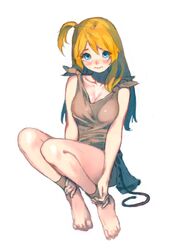  absurdres ankle_wrap anklet barefoot blonde_hair blue_eyes blush breasts commentary_request dicorndl female full_body highres jewelry long_hair looking_at_viewer medium_breasts original simple_background sitting solo white_background 