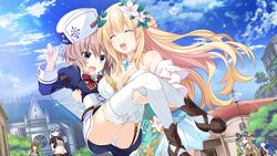  1boy 5girls absurdres ass blanc_(neptunia) blonde_hair blue_eyes blue_hair blue_sky blush braid breasts brown_hair carrying city cleavage closed_eyes cloud collarbone cowboy_shot day dress embarrassed flower four_goddesses_online:_cyber_dimension_neptune full_body game_cg hair_flower hair_ornament highres jewelry large_breasts long_hair medium_breasts multiple_girls navel neptune_(series) official_art open_mouth outdoors panties princess_carry ribbon shiny shoes short_hair sky small_breasts stomach tamsoft_(neptunia) thighhighs tied_hair tsunako underwear vert_(neptunia) white_panties 