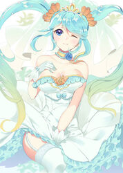  alternate_costume blonde_hair blue_eyes blue_hair breasts commentary_request crown dakun dress dress_tug female garter_straps hand_on_own_chest large_breasts league_of_legends leg_lift long_hair looking_at_viewer low_neckline multicolored_hair off_shoulder one_eye_closed parted_lips photoshop_(medium) solo sona_(league_of_legends) thighhighs thighs twintails two-tone_hair veil very_long_hair wedding_dress white_dress white_thighhighs wind wind_lift 