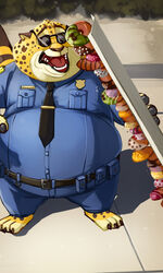  anthro benjamin_clawhauser cheetah clothing dessert disney doughnut eyebrows eyewear falling felid feline food inubikko male male_anthro mammal open_mouth overweight overweight_anthro overweight_male pastry police police_uniform raised_inner_eyebrows shocked solo sunglasses uniform zootopia 