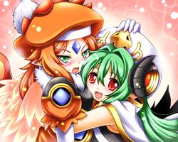  +_+ 2girls arcana_trust blush commentary_request elbow_gloves feathers forehead_jewel gloves green_eyes hand_on_another&#039;s_head hat horns hug kittan_(cve27426) long_hair looking_at_viewer multiple_girls oerba_yun_fang open_mouth orange_hair phoenicia pointy_ears red_eyes shinrabanshou sweatdrop tail white_gloves wings 