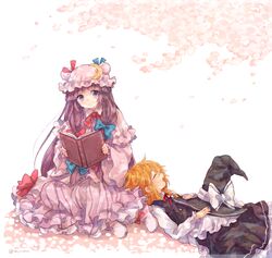  2girls ankle_boots apron bad_id bad_pixiv_id blonde_hair book boots braid branch cherry_blossoms closed_eyes commentary_request crescent crescent_hat_ornament dappled_sunlight double_bun dress expressionless footwear_ribbon hair_bun hair_ribbon hat hat_on_chest hat_ornament highres kirisame_marisa long_hair long_sleeves looking_at_viewer lying_on_person mob_cap multiple_girls narina open_book open_mouth patchouli_knowledge petals purple_eyes purple_hair ribbon robe sidelocks simple_background single_braid sitting skirt skirt_set striped_clothes striped_dress sunlight touhou tress_ribbon unworn_hat unworn_headwear very_long_hair waist_apron white_background yokozuwari 