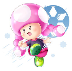  :o alcyone_(cyclone_gx) artist_name bad_id bad_pixiv_id ball black_eyes blush cleats clenched_hand commentary female full_body green_footwear mario_(series) mario_strikers pink_hair simple_background soccer_ball soccer_uniform solo sportswear super_mario_strikers toadette white_background 