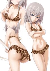  animal_print ass bad_id bad_twitter_id bare_arms bare_shoulders bikini blue_eyes breast_hold breasts brown_bikini cleavage female frilled_bikini frills gin&#039;you_haru girls_und_panzer grey_hair hair_between_eyes highres inactive_account itsumi_erika leopard_print looking_at_viewer medium_breasts multiple_views navel simple_background standing swimsuit white_background 