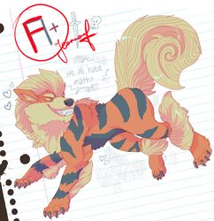  ambiguous_gender arcanine canid canine english_text fangs feral fur generation_1_pokemon hi_res jeanwoof mammal nintendo notebook_paper_background pokemon pokemon_(species) smile solo teeth text 