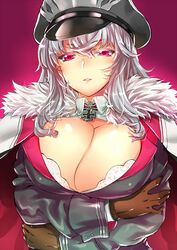  azur_lane blush breasts brown_gloves cape chiha_(abo_ecm_mk25) choker collared_shirt commentary_request cross crossed_arms female fur_trim gloves graf_zeppelin_(azur_lane) grey_hair hair_between_eyes hat head_tilt huge_breasts iron_cross looking_at_viewer parted_lips peaked_cap pink_background pink_eyes shirt solo upper_body white_shirt wing_collar 