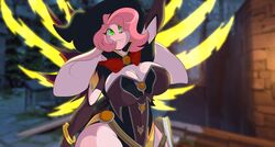  anthro black_nose blizzard_entertainment breasts cleavage clothed clothing cosplay energy_wings female hair hare lagomorph leporid mammal mastergodai mercy_(overwatch) overwatch rabbit rascals reiko_usagi solo wings 