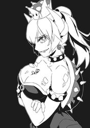  1boy armlet bare_shoulders between_breasts bowsette bracelet breasts cleavage collar crown dress female giant giantess greyscale highres horns jewelry large_breasts lipstick looking_at_viewer luckyb makeup mario mario_(series) mini_person miniboy monochrome new_super_mario_bros._u_deluxe person_between_breasts ponytail sharp_teeth size_difference smirk spiked_bracelet spiked_collar spikes super_crown teeth turtle_shell 