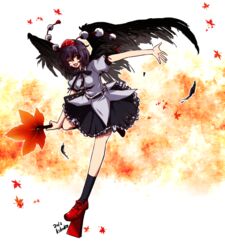  2012 ;d black_hair chika009 commentary_request female frills full_body geta hat looking_at_viewer one_eye_closed open_mouth pom_pom_(clothes) red_eyes shameimaru_aya short_hair skirt smile solo tengu-geta tokin_hat touhou wings 