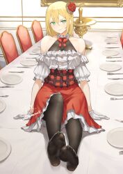  absurdres bare_shoulders black_pantyhose black_undershirt blonde_hair bow breasts center_frills choker dining_room feet female flower foot_focus fork frilled_choker frilled_shirt frills full_body gloves green_eyes hair_between_eyes hair_flower hair_ornament highres indoors large_breasts long_hair looking_at_viewer mbr90munouk off-shoulder_shirt off_shoulder original pantyhose plaid_clothes plate puffy_short_sleeves puffy_sleeves red_bow red_flower red_skirt shirt short_sleeves signature sitting sitting_on_table skirt smile soles solo table_knife toe_seam toes twitter_username white_choker white_gloves white_shirt 