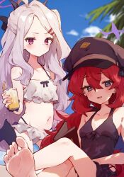  2girls alternate_costume barefoot bikini blue_archive blue_eyes blue_one-piece_swimsuit blue_sky blush book closed_mouth cloud collarbone crossed_bangs cup demon_horns demon_wings dot_mouth drinking_straw feet forehead frilled_bikini frills glass hair_between_eyes halo hat hina_(blue_archive) holding holding_book holding_cup horns iroha_(blue_archive) low_wings multiple_girls navel one-piece_swimsuit open_mouth outdoors parted_bangs peaked_cap purple_eyes rimukoro sitting sky smile soles standing stomach swimsuit tearing_up toes white_bikini wings 