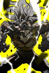  1boy angry blurry commentary_request commission depth_of_field dragon_ball dragon_ball_xenoverse english_commentary english_text furious gloves halftone_texture highres legs_apart lightning long_hair male_focus mirai_senshi mixed-language_commentary muscular muscular_male open_hands open_mouth original rubble saiyan_armor sakaikurinea signature skeb_commission solo spiked_hair teeth time_patrol_(dragon_ball) white_gloves wide-eyed yellow_background yellow_eyes yellow_pupils 