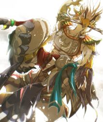  anthro armor arrow_(weapon) avian beak bird blue_body blue_feathers braided_pseudo_hair breath_of_the_wild bridal_carry carrying_another duo fainted feathers irohanihotechi male male/male nintendo ranged_weapon revali rito teba_(tloz) the_legend_of_zelda weapon white_body white_feathers wings 