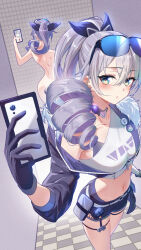  absurdres ass cellphone drill_hair drill_ponytail female fur-trimmed_jacket fur_trim gloves goggles goggles_on_head gradient-tinted_eyewear grey_hair highres honkai:_star_rail honkai_(series) jacket katth navel phone purple-tinted_eyewear selfie shirt silver_wolf_(honkai:_star_rail) single-shoulder_shirt single_drill solo thighs tinted_eyewear 