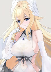  azur_lane bare_shoulders bayard_(azur_lane) blonde_hair blue_eyes breasts closed_mouth covered_navel detached_sleeves dress female frilled_sleeves frills grey_background highres large_breasts light_blush long_bangs long_hair looking_at_viewer riku_amano1018 sideboob simple_background sleeveless sleeveless_dress smile solo upper_body very_long_hair white_dress white_sleeves wing_hair_ornament 