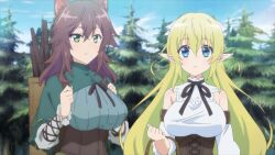  2girls animal_ears bag bare_shoulders blonde_hair blue_eyes breasts brown_hair bursting_breasts choujin_koukousei-tachi_wa_isekai_demo_yoyuu_de_ikinuku_you_desu! closed_mouth cloud detached_sleeves elf forest green_eyes hair_between_eyes hair_ribbon highres holding holding_bag large_breasts lilulu_(choyoyu) lips long_hair long_sleeves looking_at_viewer maid maid_leotard multiple_girls nature pointy_ears ribbon sidelocks sky tareme tree tsurime unconventional_maid upper_body very_long_hair winona wolf_ears wolf_girl yano_akane 