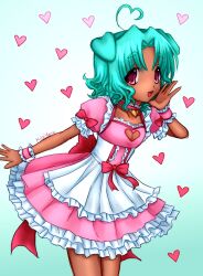  ahoge animal_ears apron aqua_hair cleavage_cutout clothing_cutout dark-skinned_female dark_skin dog_ears dog_girl dress female floppy_ears frilled_apron frilled_dress frills hand_up heart heart_ahoge heart_background heart_cutout highres kigidere looking_at_viewer medium_hair minty_(kigidere) open_mouth original pink_dress purple_eyes short_sleeves smile solo standing white_apron wrist_cuffs 