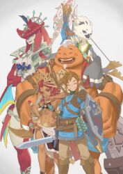  4boys bird_boy bow_(weapon) brown_hair dark-skinned_female dark_skin female gerudo goron highres holding holding_shield ivy_(sena0119) link master_sword multiple_boys pointy_ears red_hair riju rito sharp_teeth shield sidon teeth the_legend_of_zelda the_legend_of_zelda:_tears_of_the_kingdom tiara tulin_(zelda) weapon white_hair yunobo zora 