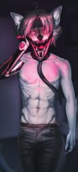  5_fingers abs absurd_res anthro athletic athletic_anthro athletic_male belly belt biceps black_hair black_nose blurred_background bottomwear claws clothing colored cybernetic_arm cybernetic_jaw cybernetic_limb cybernetic_neck cybernetics cyberpunk digital_drawing_(artwork) digital_media_(artwork) domestic_cat ear_markings evitoom eye_markings eyebrows eyewear felid feline felis finger_claws fingers fur glasses grey_bottomwear grey_clothing grey_ear grey_necktie grey_pants hair hi_res inner_ear_fluff inside machine male mammal markings marley_cooper(ripper) navel necktie night nipples pants pink_nipples portrait red_eyes red_eyewear red_glasses red_light shaded simple_background skinny slim slim_anthro slim_male small_waist solo tail tail_tuft teeth tuft white_arms white_belly white_body white_chest white_ear white_fur white_tail 