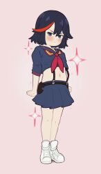  absurdres aged_down black_hair black_skirt crybabyglo female full_body grey_eyes highres kill_la_kill matoi_ryuuko multicolored_hair navel neckerchief red_hair red_neckerchief senketsu shoes skirt sneakers solo standing streaked_hair suspenders two-tone_hair white_footwear 