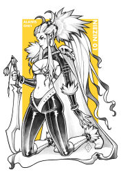  boots breasts bridal_gauntlets cape cleavage commentary_request demon_horns earrings female full_body greyscale_with_colored_background highres holding holding_sword holding_weapon hoop_earrings horns jewelry kasia_nie kneeling long_hair medium_breasts original pointy_ears ponytail shrug_(clothing) skull solo sword very_long_hair watermark weapon yellow_background 