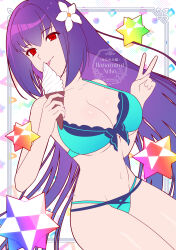  bikini breasts cleavage fate/grand_order fate_(series) female food highres holding holding_food holding_ice_cream ice_cream looking_at_viewer naomi_gumbs_(hanamimi) purple_hair red_eyes scathach_(fate) scathach_skadi_(fate) scathach_skadi_(swimsuit_ruler)_(fate) solo swimsuit tongue tongue_out 