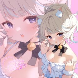  absurdres animal_ear_fluff animal_ears bare_shoulders bell black_bow blush bow camisole cat_ears collarbone commission darjeeling_(reley) female frilled_camisole frills fur_trim highres indie_virtual_youtuber jingle_bell light_brown_hair looking_at_viewer necoilie_aco open_mouth ponytail purple_eyes second-party_source short_hair skeb_commission teeth thick_eyebrows upper_body upper_teeth_only white_camisole 