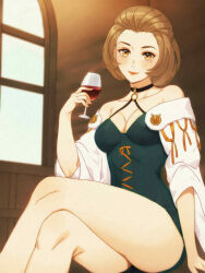  absurdres bare_shoulders breasts brown_hair cleavage closed_mouth collarbone commentary_request crossed_legs cup dress female fire_emblem fire_emblem:_three_houses glass goromochan green_dress highres holding holding_cup indoors jacket lips looking_at_viewer manuela_casagranda medium_breasts mole mole_under_eye off_shoulder open_clothes open_jacket orange_eyes pink_lips short_hair sitting smile solo sunlight thighs white_jacket window 