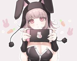  :o animal_ears animal_hood blush breasts brown_hair cleavage danganronpa_(series) danganronpa_2:_goodbye_despair fake_animal_ears female flipped_hair handheld_game_console hands_up holding holding_handheld_game_console hood large_breasts mole mole_on_breast nanami_chiaki nintendo_switch no_hair_ornament official_alternate_costume open_mouth outline playboy_bunny rabbit_hood solo upper_body white_outline yowa_tori 