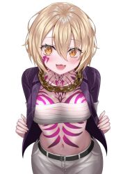  1girls blonde_hair blush chains clothing don_quixote_(limbus_company) female female_only limbus_company open_shirt project_moon short_hair smile tattoo tattoos yellow_eyes 